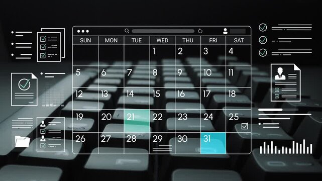 Modern Digital Calendar Interface Overlaid on Keyboard for Planning and Organization, Featuring Checkboxes and Document Icons for Productivity Enhancement. Entropy.