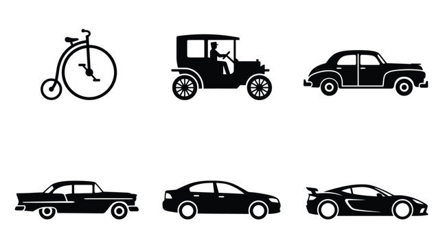 Black silhouette icons of historic vintage automobiles and a classic penny farthing bicycle set collection