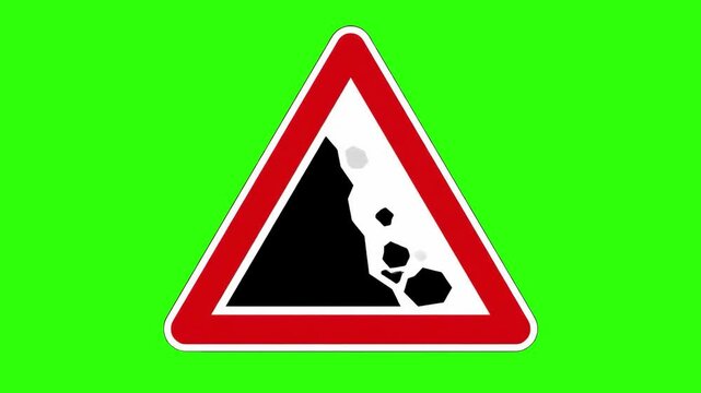 A clear digital vector-style animation of a triangular falling rocks warning sign. Sourced against a solid chroma key green screen backdrop, this vital road safety icon is optimized for transportation