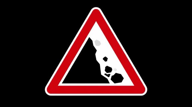 A clean digital graphic of a triangular road sign warning of falling rocks and landslides, featuring a bold red border and black silhouette on a white triangle. Isolated against a solid black backgrou