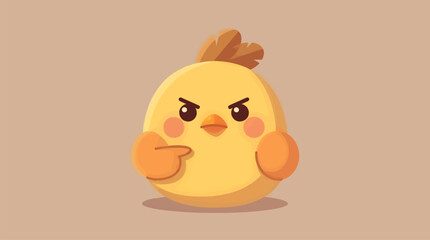 Cute Grumpy Cartoon Chick Pointing Forward with Wing, Big Dark Eyes and Orange Beak, Flat Vector Illustration on Beige Background © Sulaiman