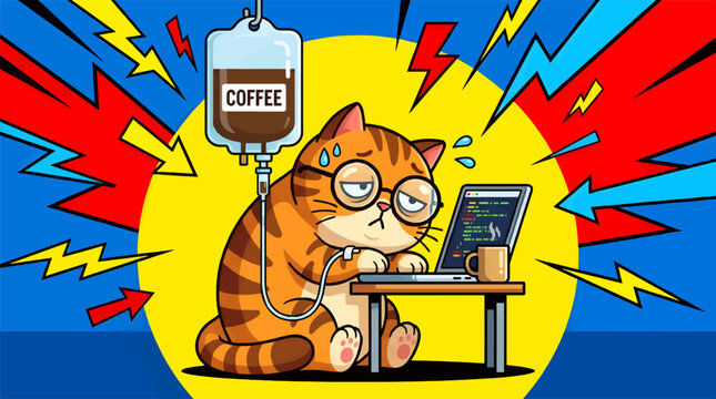 Cute Tabby Cat with Round Glasses Stressed and Lethargic While Typing on Laptop, Receiving Coffee IV Drip, Surrounded by Lightning Bolts and Bold Colors