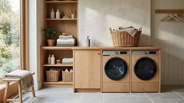 Modern Laundry Room with Integrated Wooden Cabinets and Appliances