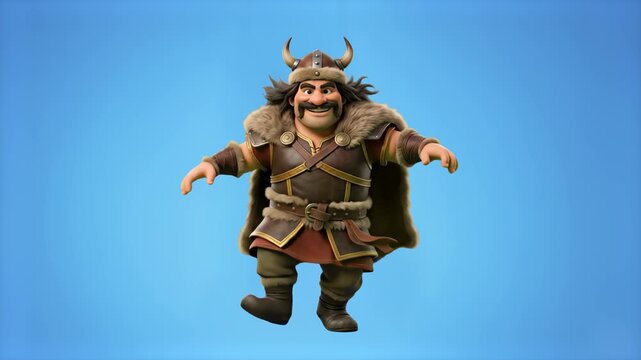 A powerful 3D cartoon Attila the Hun in fur armor and a horned helmet energetically dancing, isolated on a smooth light blue studio background. Excellent for historical animations, mobile strategy gam
