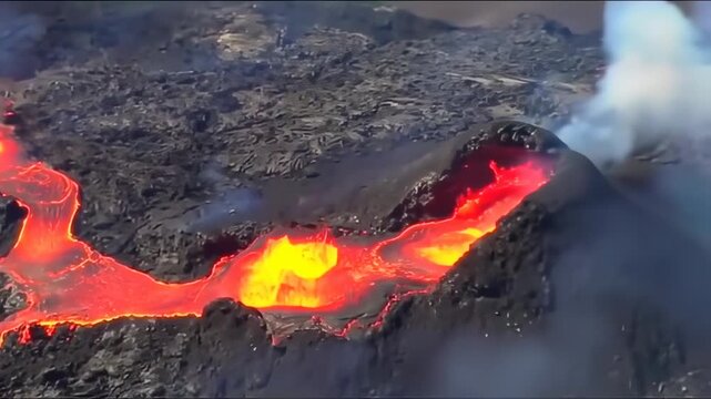 Aerial view of flowing lava stream.