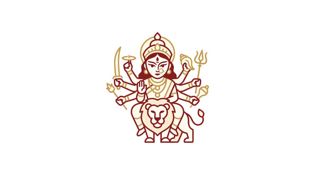 A stylized line art illustration of the Hindu goddess Durga riding a lion.