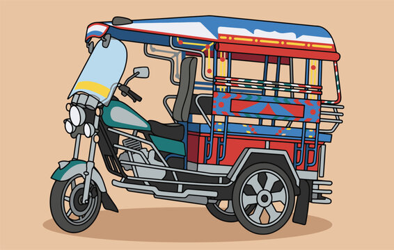 Colorful vector illustration of a traditional Thai motorized tricycle, commonly known as Skylab or Tuk Tuk, isolated on a solid background. Stylized graphic design with clean lines, perfect for travel