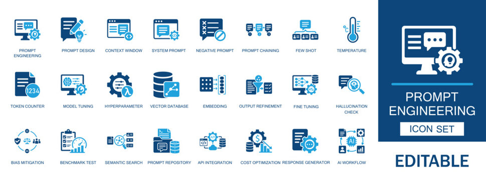 Prompt engineering icon set. Featuring ai model tuning, system prompt design, context window, token counter, negative prompt, and llm workflow symbols.