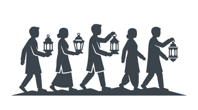 Silhouette illustration of a group of people walking together carrying traditional lanterns.
