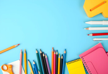 Fototapeta premium Flat lay of colorful school stationery on blue background