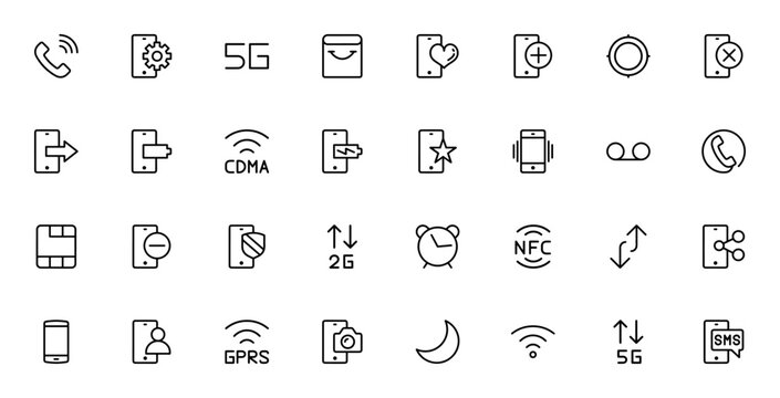 Phone 2073 icon set. Featuring smartphone, call, 5G, GPS, shopping bag, wifi, recording, telephone, SD card, 2G, alarm, NFC, transfer, half moon and more. Editable vector stroke.