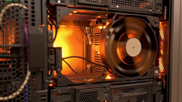 Overheating Server Casing Emitting Orange Glow with Fast Spinning Fans