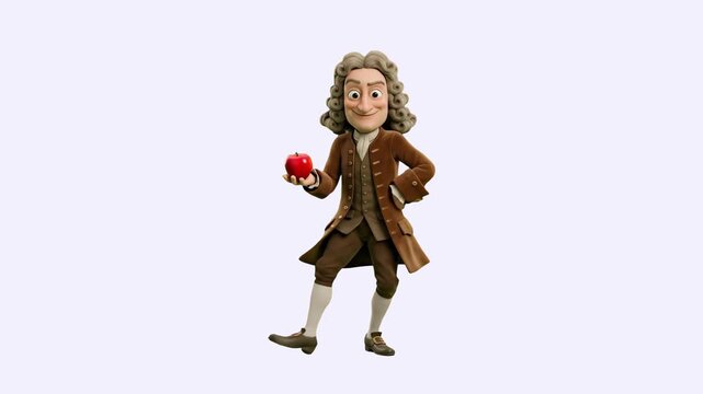 A professional 3D rendering of the historical scientist Sir Isaac Newton executing a cheerful dance routine while holding his iconic gravity apple. Set against a plain light grey backdrop for easy dig