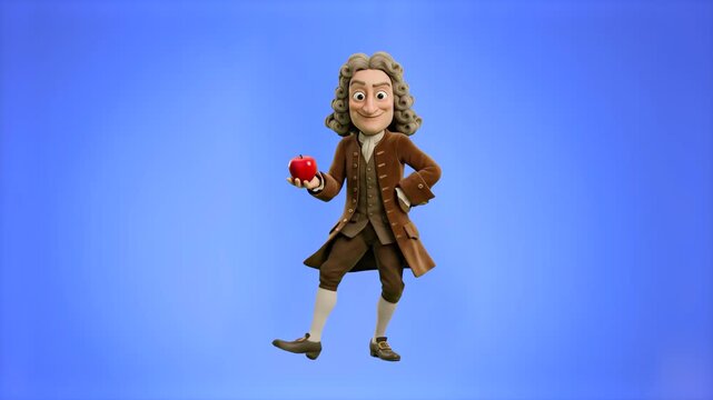 A high-quality 3D rendering of the historical scientist Sir Isaac Newton executing a cheerful dance routine while holding his iconic gravity apple. Set against a solid blue screen backdrop for multi-l