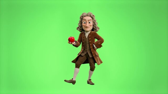 A detailed 3D animated character representing the famous English physicist Sir Isaac Newton wearing a brown period suit and powdered wig, holding a red apple while dancing joyfully. Sourced against a 