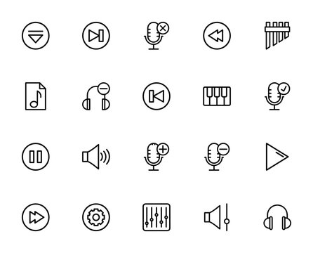 Music_1948 icon set. Includes symbols for eject, next, microphone, rewind, flute, audio file, headphones, back, piano, pause, speaker, play button, fast forward, settings and more.