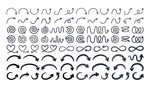 Mega bundle of curved and spiral directional arrow vectors. Featuring swirling loops, wavy pointers, heart shapes, infinity signs, thick arcs and hand-drawn infographic line symbols.