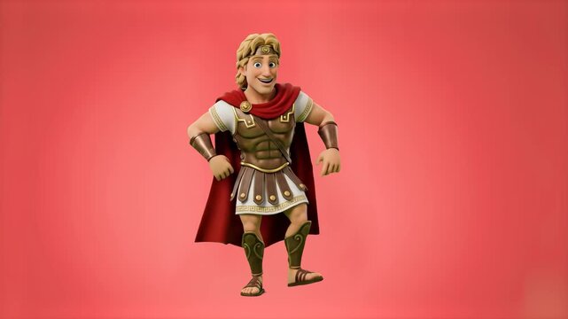 A heroic 3D cartoon ancient Greek warrior or Alexander the Great in gold cuirass armor and a red cape dancing joyfully, isolated on a vibrant red studio backdrop. Great for educational history program