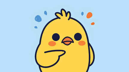 Cute Grumpy Cartoon Chick Pointing Forward with Wing, Big Dark Eyes, Orange Cheeks, on Light Blue Background with Abstract Shapes, Flat Vector Illustration © Danustudio