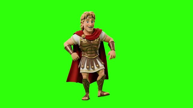 Smiling 3D animated Alexander the Great character in gold armor with a red cape dancing over a chroma key green background. Ideal for historical comedy animations, ancient Greek promos, Macedonian emp