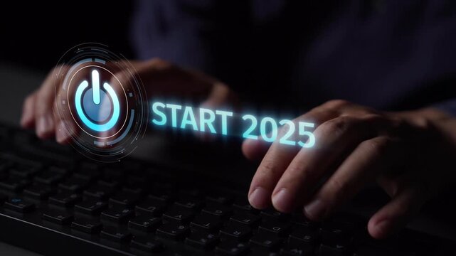 Start 2025 concept with futuristic power button symbolizing fresh beginnings, innovation, and digital transformation. Start 2025, new goals, and start 2025 initiative. Muxer
