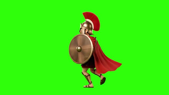 A 3D animated Roman centurion warrior wearing a helmet with red crest, armor, and shield dancing in a smooth motion loop against a chroma key green background. Ideal for comedy videos, historical ente