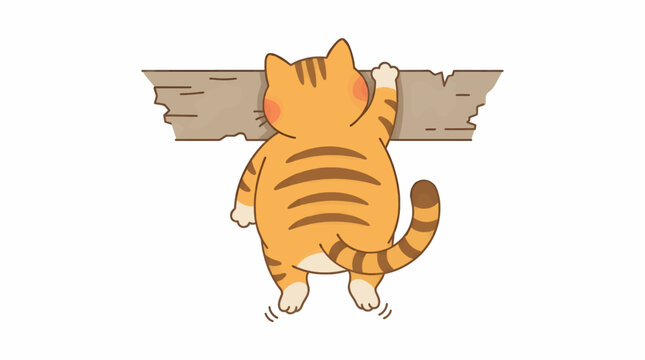 Cute Orange Tabby Cat Dangling Precariously from a Ledge, Flat Design Illustration with Bold Stripes and Playful Pose, White Background