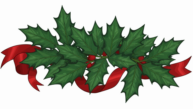 Holly leaves and red ribbon decoration for festive holiday season celebration