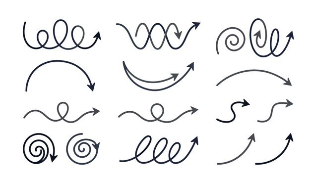 Curved and spiral directional arrow vector brush collection. Featuring loopy wave lines, twisted circular pointers, arched navigation curves and hand-drawn infographic guide symbols.