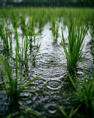 Obraz premium Rain ripple across rice field water surface