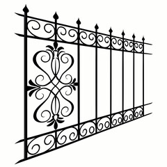 Perspective view of an ornate wrought iron fence with decorative scrolling and fleur de lis, elegant architectural element on white. © Md.Belal