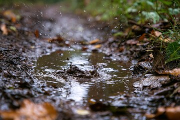 Fototapeta premium Raindrop splashing into muddy puddle
