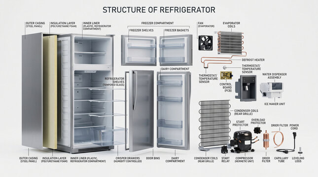 Exploded view of a modern refrigerator showing all internal components, layers, and mechanical parts in a detailed photorealistic visualisation