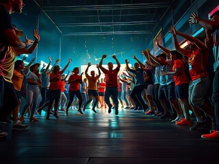 People dancing in a dark room with blue lights.