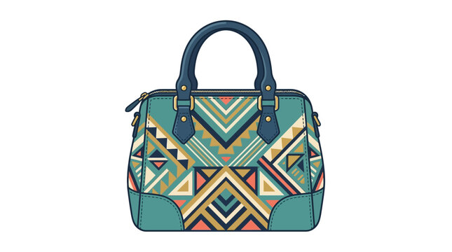 Stylish handbag with vibrant geometric patterns and teal leather accents.