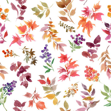 Watercolor Autumn leaves and berries seamless pattern on a transparent background for fabric, gift wrapping and stationary.