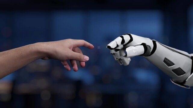 A human hand reaches towards a robotic hand, showcasing digital copyright symbols. This image represents the intersection of technology and legal rights in contemporary society. Synapse