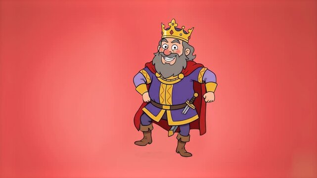 A stylized 2D cartoon animation of a smiling Charlemagne character executing a dance routine against a clean red studio backdrop. Perfect for historical video essays, educational motion graphics, geop