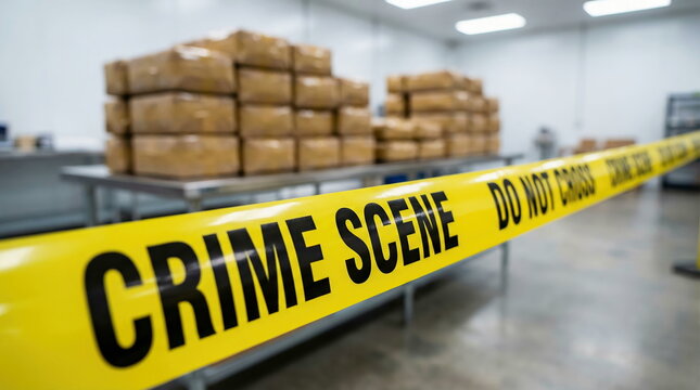 Crime scene tape blocking access to suspicious packages in warehouse, representing law enforcement investigation.