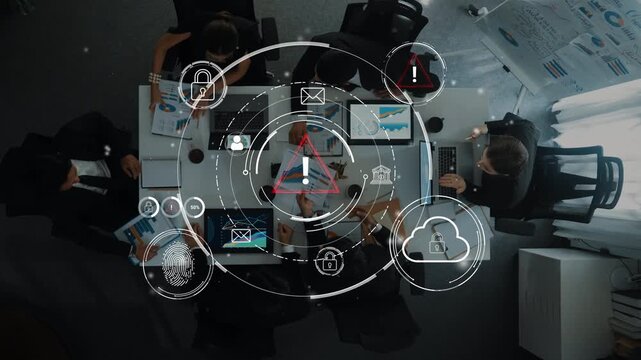 Business Team Collaboration in Modern Office with Digital Icons Representing Communication, Security, and Cloud Concepts for Project Planning and Strategy Development. Entropy.