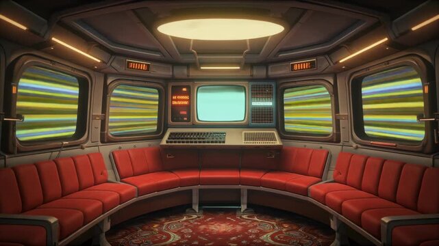 Nostalgic High-Tech Supercomputer Room with Circular Console and Flashing Retro Panels