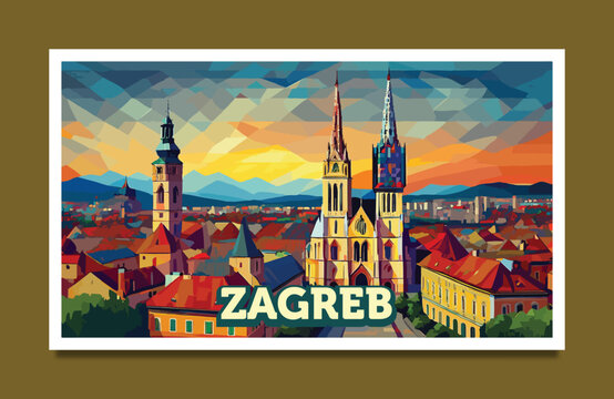 Vintage geometric pop art Zagreb Croatia skyline travel poster design, colorful abstract cathedral cityscape vector illustration, vibrant European landmark background for home decor wall print.