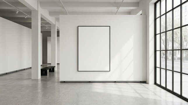Empty vertical picture frame hanging on a clean wall in a bright modern art gallery room with large windows and sunlight