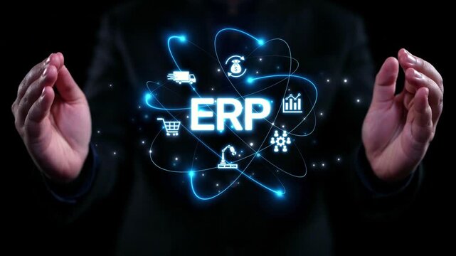 ERP platform visual showing centralized system for enterprise resource planning, improving integration, data flow, business efficiency, finance, inventory, and human resources. Elide