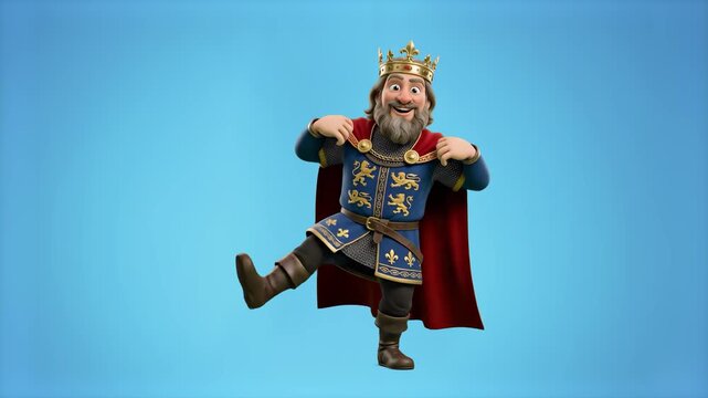 A cheerful 3D cartoon medieval king wearing a golden crown, royal tunic, and red cape happily dancing, isolated on a clean blue studio background. Ideal for fairytale promos, history animations, mobil