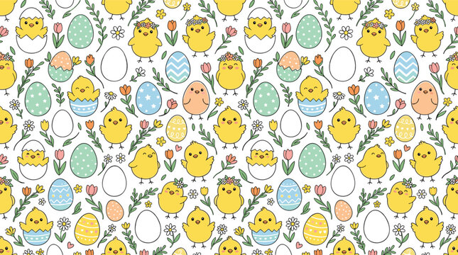 Seamless Easter pattern featuring cute baby chicks decorated eggs flowers and spring elements repeating festive background vector illustration