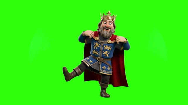A highly detailed 3D animated character of King Charlemagne (Charles the Great) with a grey beard, golden crown, blue tunic with heraldic lions, and red cape dancing happily. Isolated against a chroma