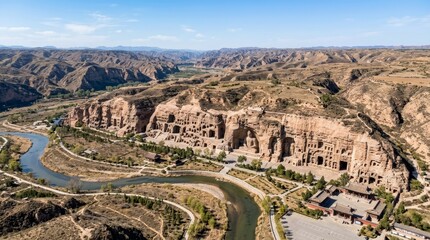 Fototapeta premium China - Yungang Grottoes Cliff Panorama