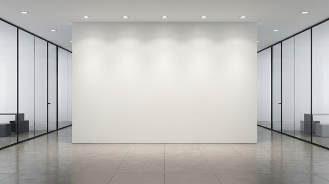 Empty modern office hallway with blank white wall and glass partition doors in a bright contemporary business interior space