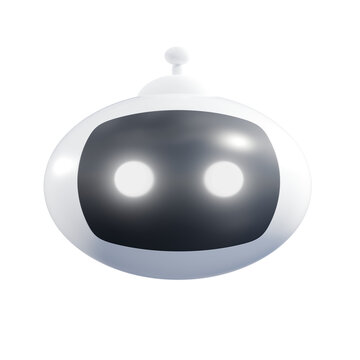 Cute 3D robot head icon with glowing eyes features a glossy white and black plastic finish, isolated on a transparent background for modern artificial intelligence assistant tech concepts.